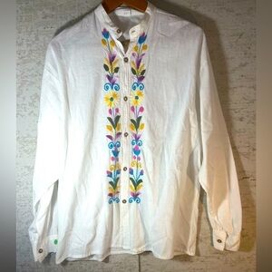 Hand Made Boho Coastal Floral Embroidered Ivory Button Up Shirt size 40